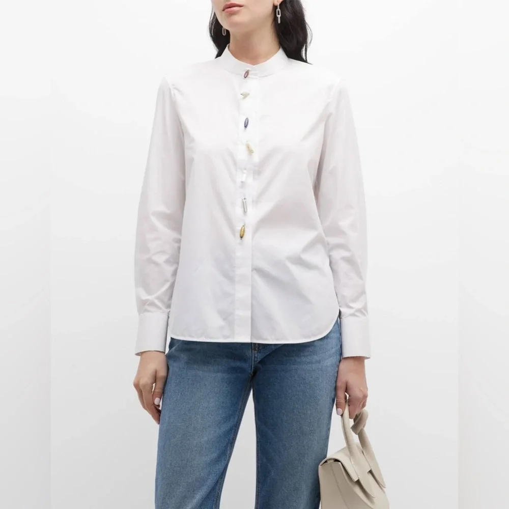 New Tory Burch Beaded Band-collar Poplin Tunic In White